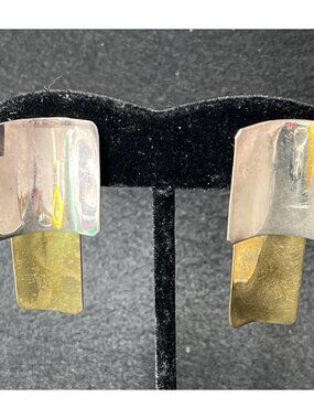 Vintage Taxco Sterling Silver Two Tone Modernist Post Earrings 2" Long 13.8g